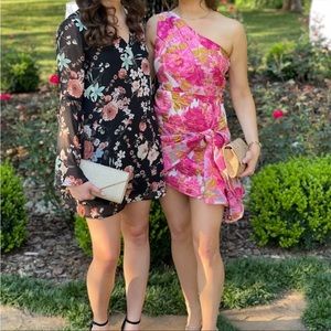 One shoulder textured dress. pink with hints of mustard